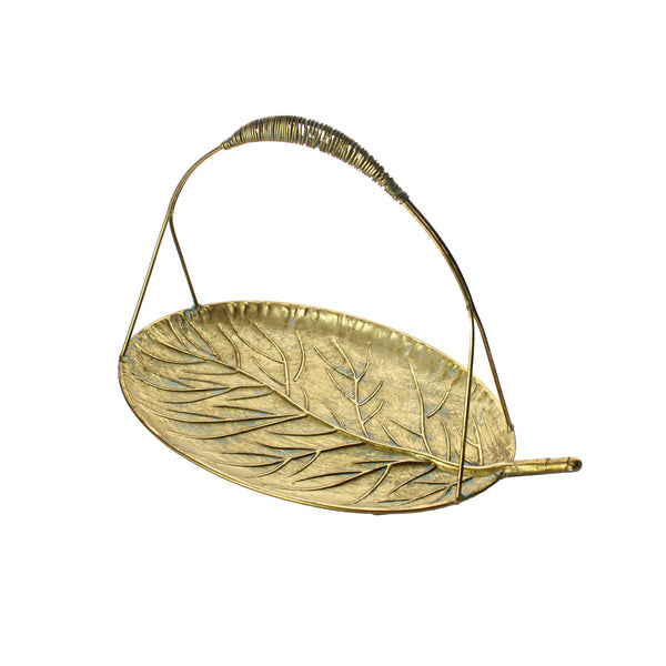 Decorative copper tray in the shape of a leaf with a handle