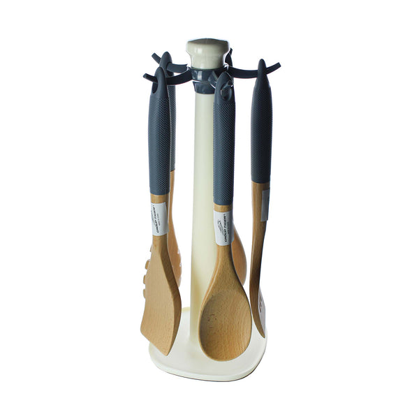 طقم أدوات مطبخ خشبية 6 قطع مع حامل دوار