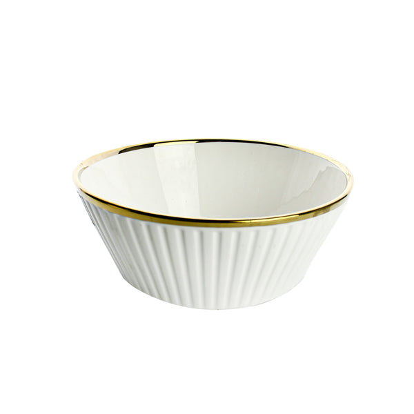 وعاء سيراميك أبيض مخدد أنيق بحافة ذهبية