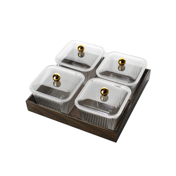 Luxury glass serving set with golden handles and wooden tray