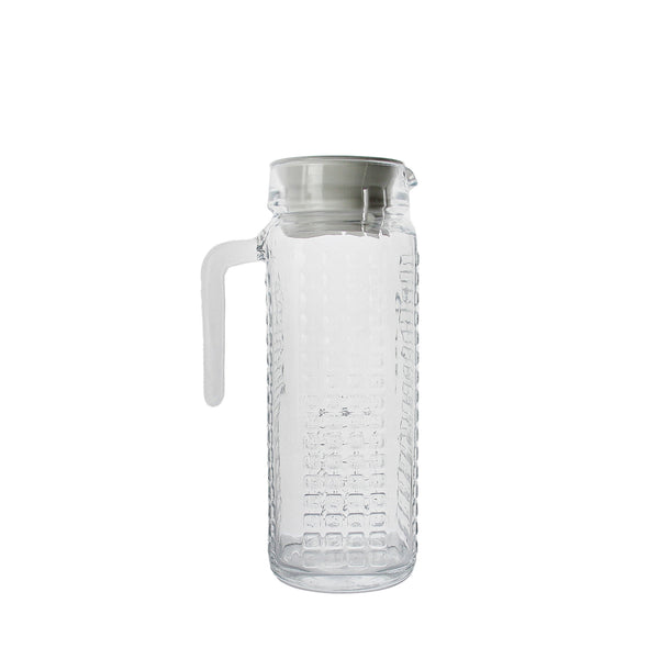 Long decorative glass pitcher with lid for beverages