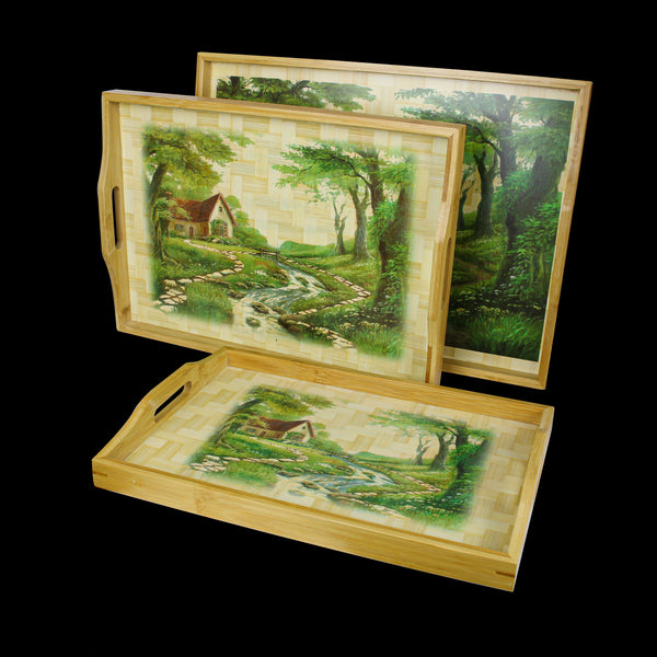 Printed bamboo wood tray set 3 pieces