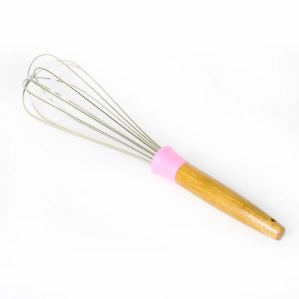 Stainless steel egg beater with large wooden handle