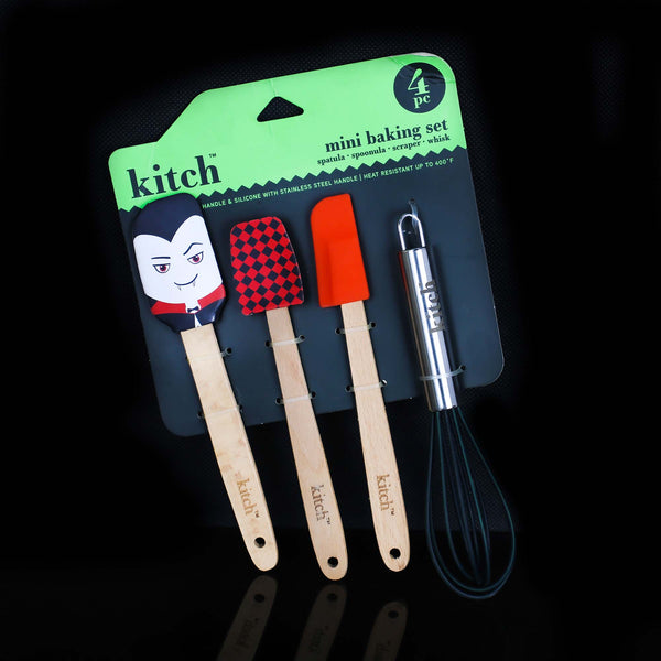 Little Kids Cooking Set - 2 Spoons, Scraper and Whisk - Halloween Shape - 4 Pieces - Silicone with Wooden Handle - Silicone with Stainless Steel Handle Kitch