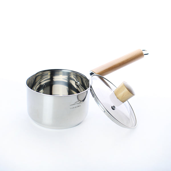 Stainless Steel Saucepan with Wooden Handle & Glass Lid - 14 cm