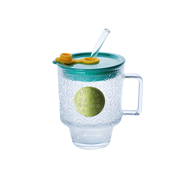 Patterned Glass Coffee/Tea Mug with Straw & Lid